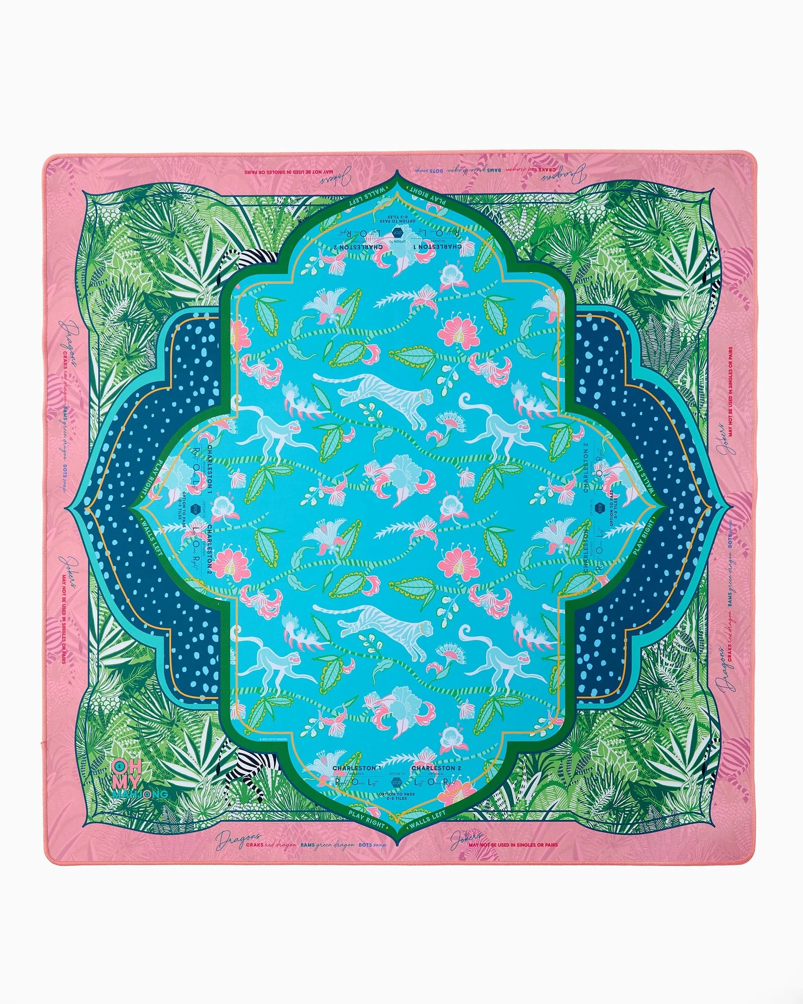 Serengeti Mahjong Mat with tropical palms, tigers, monkeys, and bright blue, pink, and gold colors