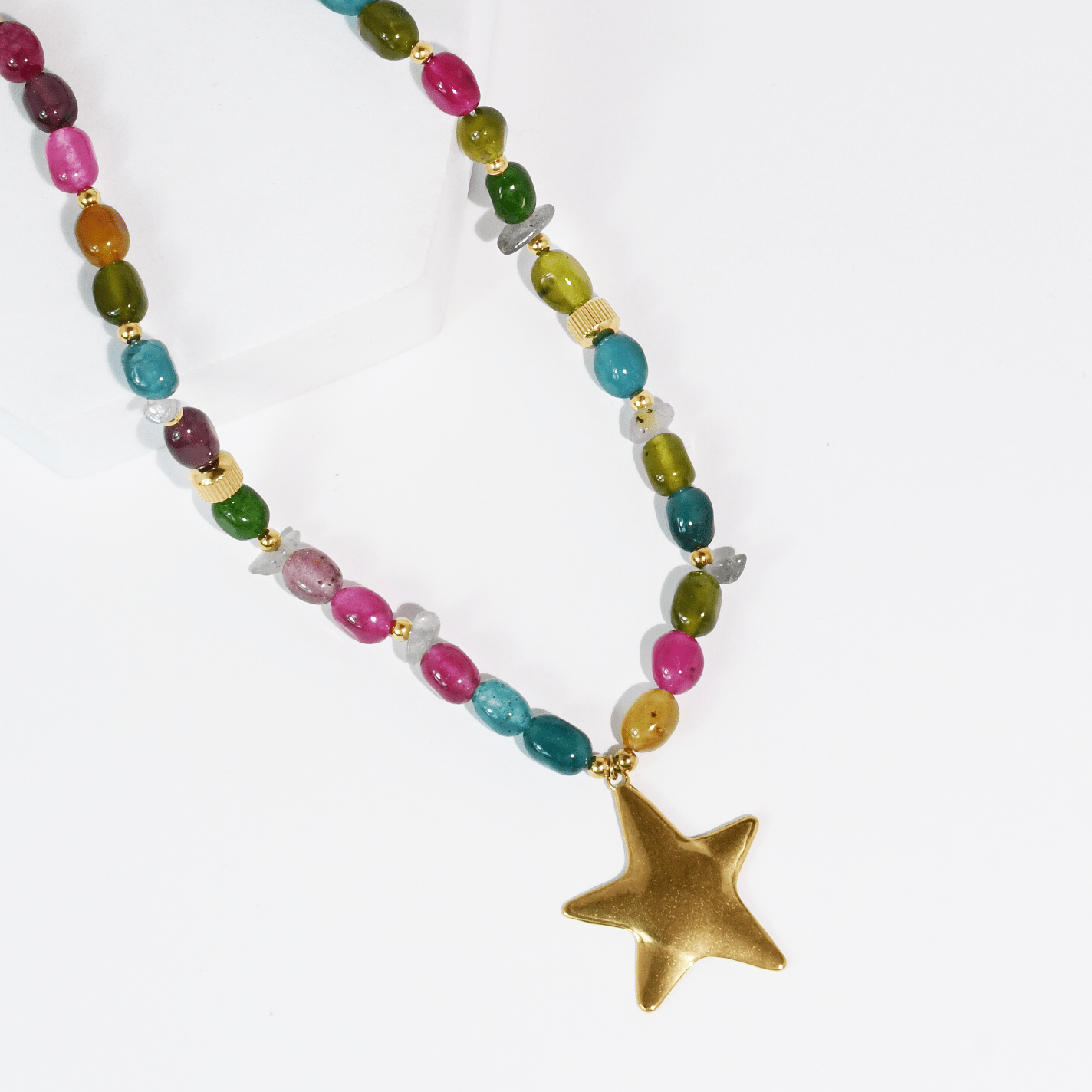 Gold star pendant necklace with colorful beads