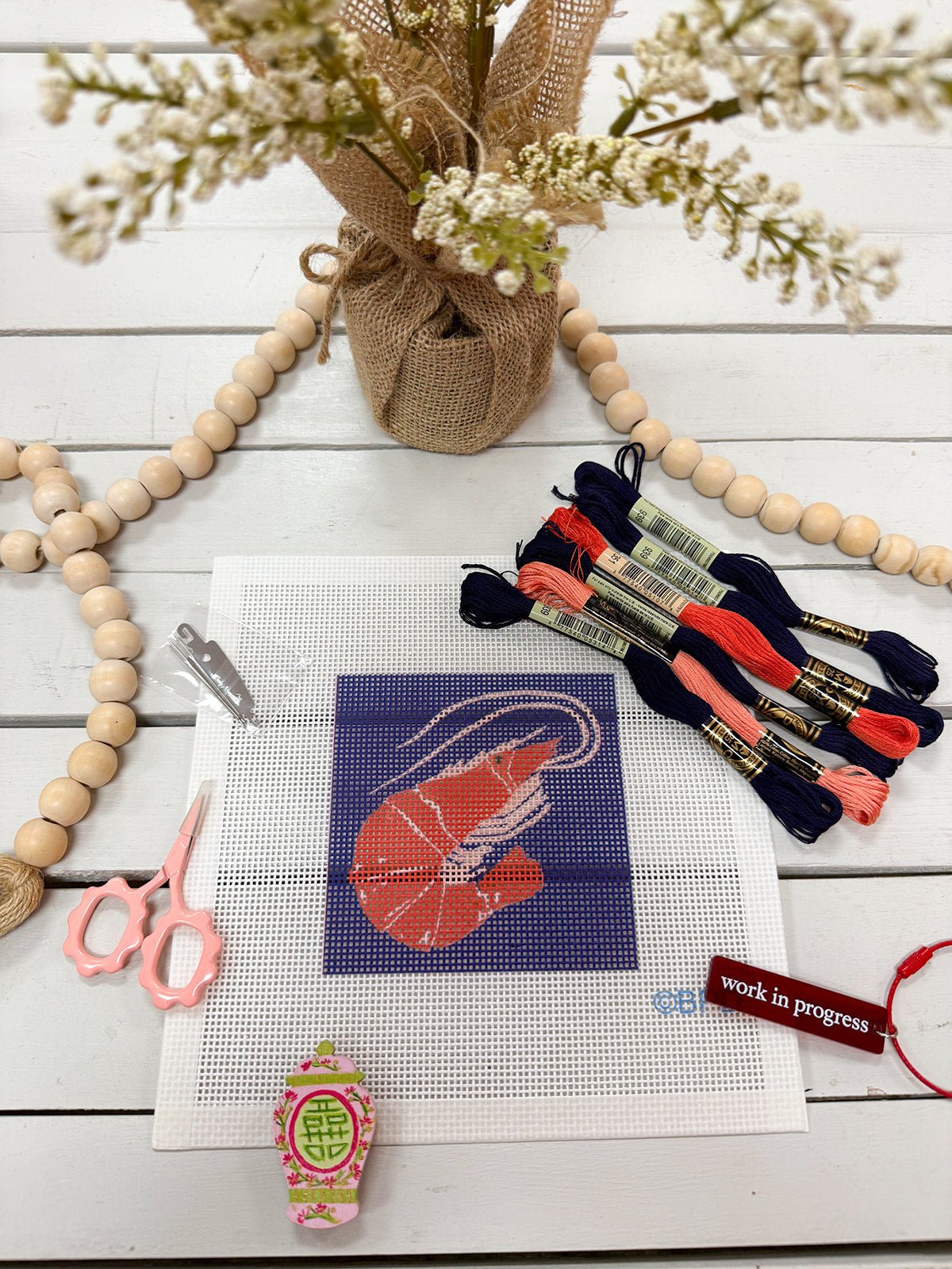 Shrimp on Dark Blue Needlepoint Kit - The Pink Pineapple 850