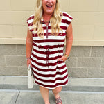 Garnet and cream striped zip-up mini dress with collar, drop sleeves, drawstring waist, and pockets—sporty and perfect for FSU gameday