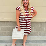 Garnet and cream striped zip-up mini dress with collar, drop sleeves, drawstring waist, and pockets—sporty and perfect for FSU gameday