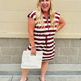 Garnet and cream striped zip-up mini dress with collar, drop sleeves, drawstring waist, and pockets—sporty and perfect for FSU gameday