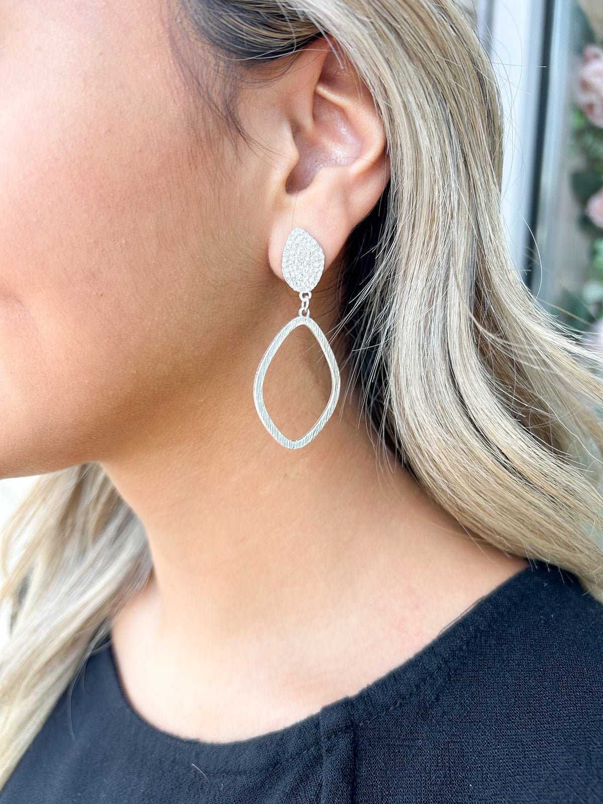 Silver Rhinestone Pave with Open Round Drop 2" Earring - The Pink Pineapple 850