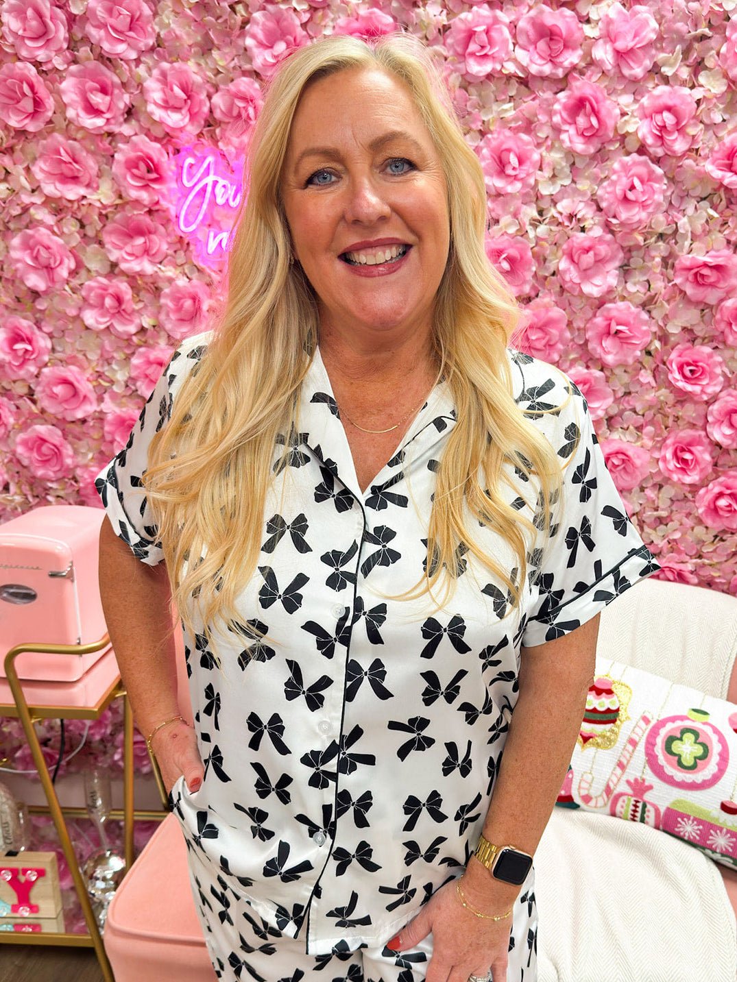 So Lovely Satin Bow Pajama Top - The Pink Pineapple 850