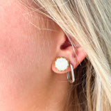 Circular button pearl stud earrings in a decorative gold-tone setting.