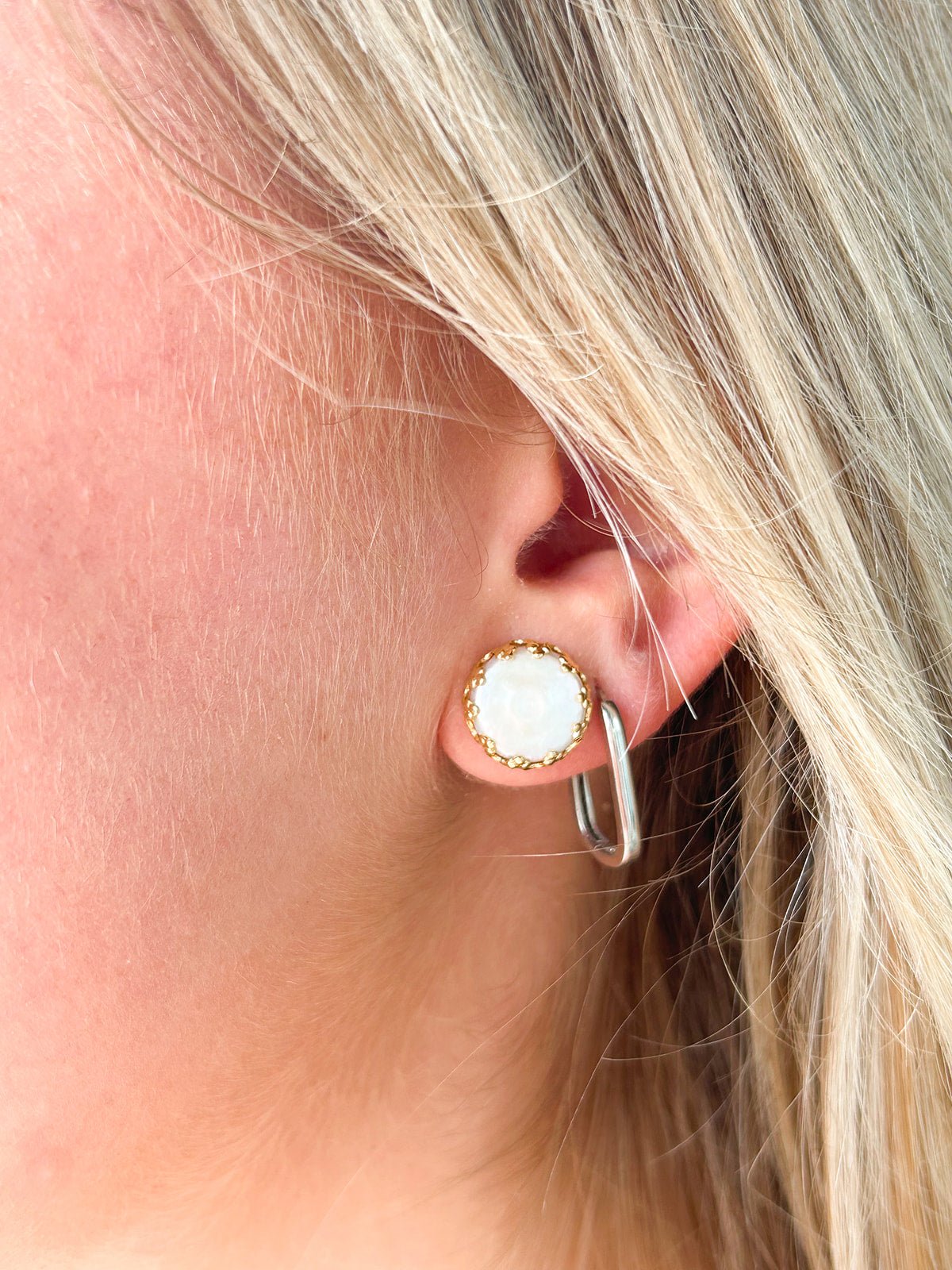 Circular button pearl stud earrings in a decorative gold-tone setting.