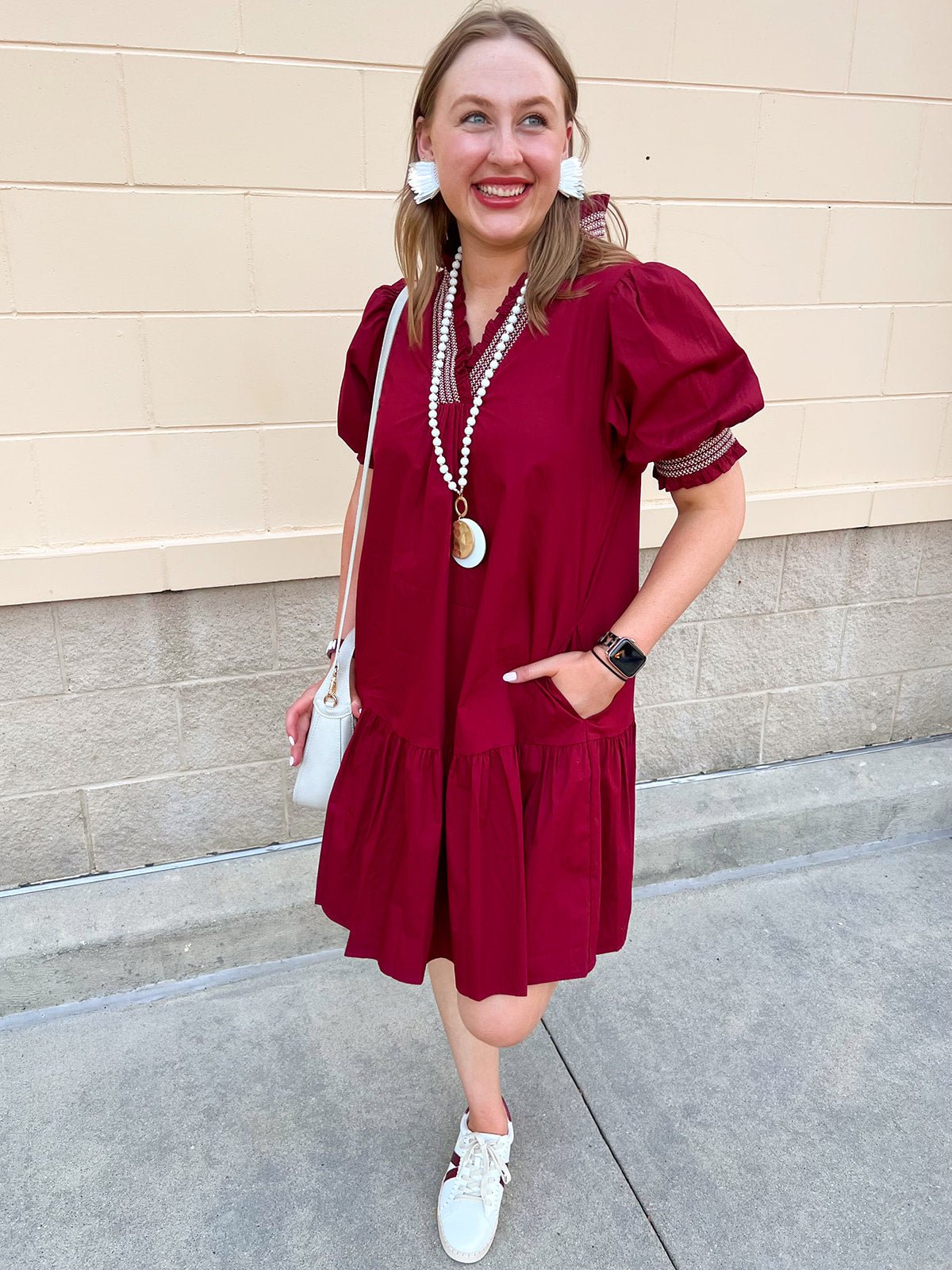 Southern Charm Ruffle Dress in Garnet - The Pink Pineapple 850