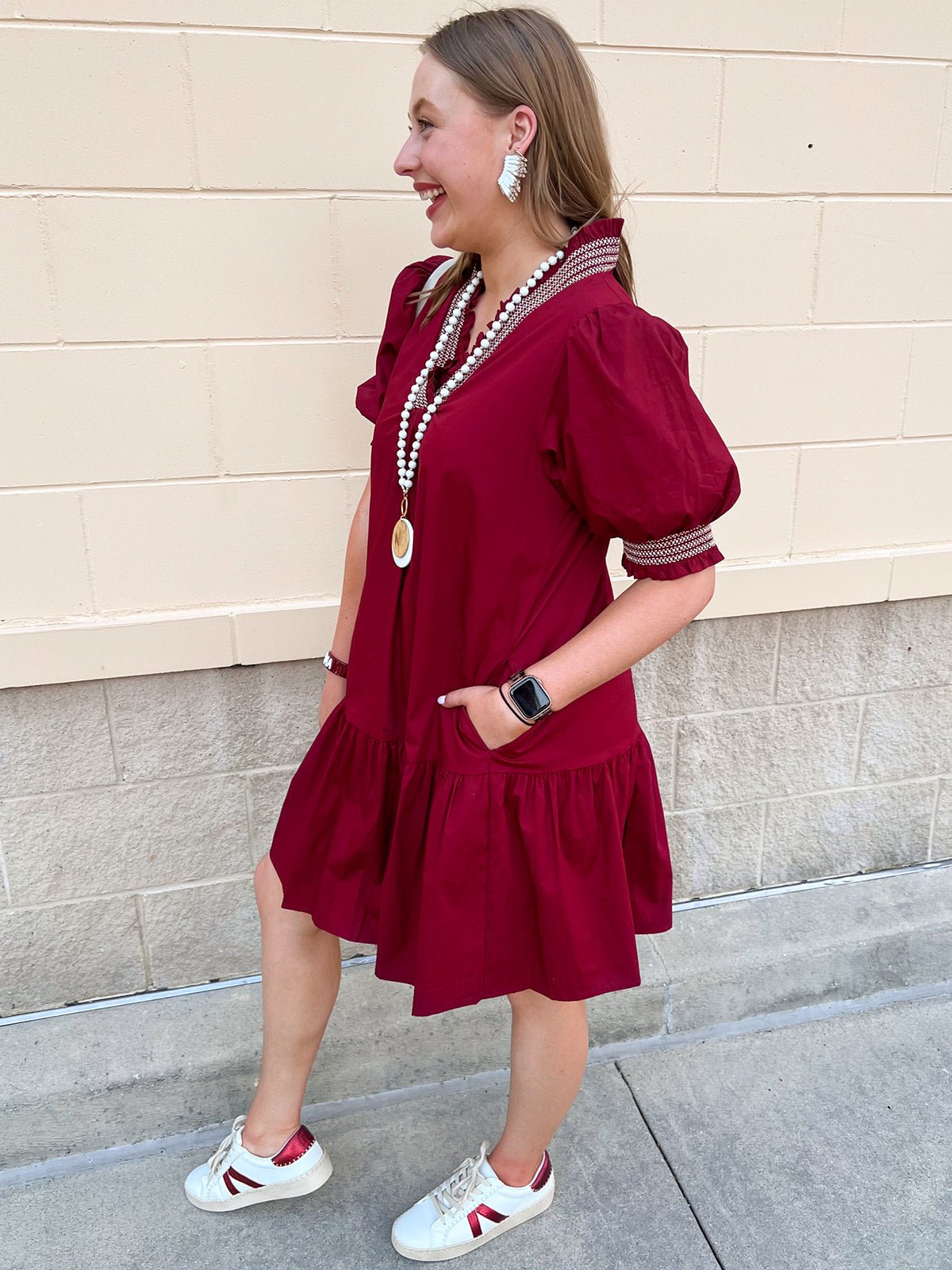 Southern Charm Ruffle Dress in Garnet - The Pink Pineapple 850