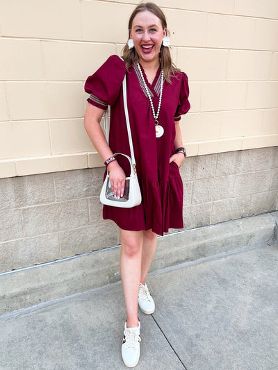Southern Charm Ruffle Dress in Garnet - The Pink Pineapple 850