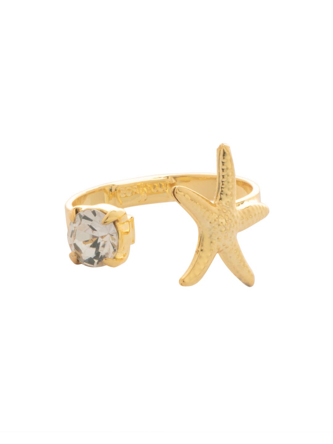 Open-front ring with a starfish and round-cut crystal on gold-tone band.
