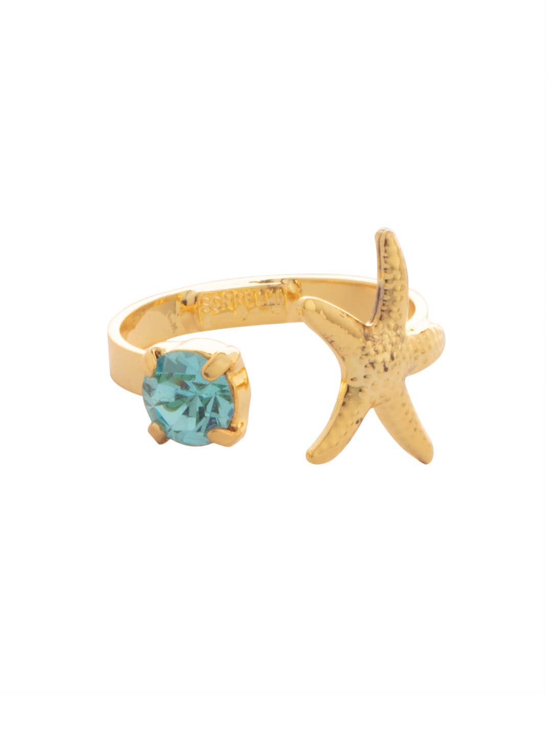 Open-front ring with a starfish and blue stone on a gold-tone band.
