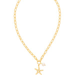 Pendant necklace with a starfish and small freshwater pearl on adjustable chain.