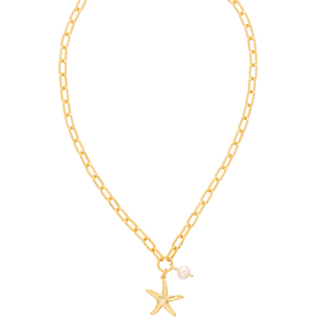 Pendant necklace with a starfish and small freshwater pearl on adjustable chain.