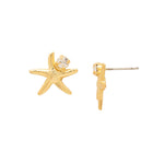 Starfish stud earrings with a tiny round-cut crystal on gold-tone post.