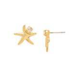 Starfish stud earrings with a tiny round-cut crystal on gold-tone post.