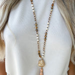 Stone Bead Necklace with Druzy Tassel Pendant - Brown - The Pink Pineapple 850