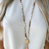 Stone Bead Necklace with Druzy Tassel Pendant - Brown - The Pink Pineapple 850