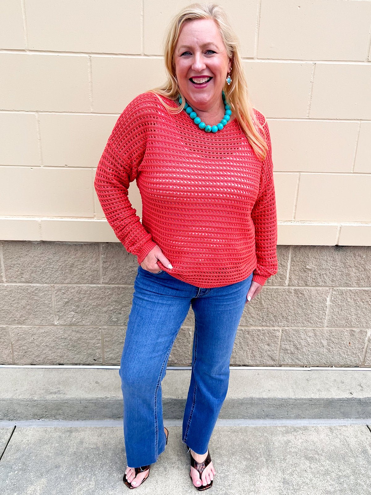 Sunset Shore Open Knit Sweater in Orange - The Pink Pineapple 850