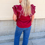 Sweet Stitch Ruffle Sleeve Woven Top in Garnet - The Pink Pineapple 850