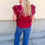 Sweet Stitch Ruffle Sleeve Woven Top in Garnet - The Pink Pineapple 850
