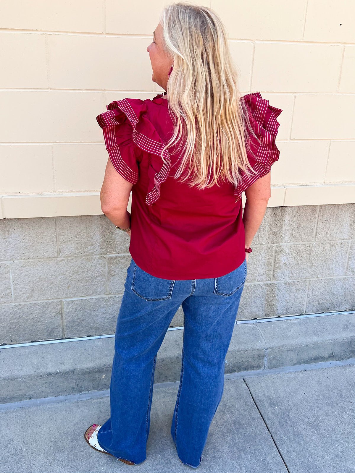Sweet Stitch Ruffle Sleeve Woven Top in Garnet - The Pink Pineapple 850