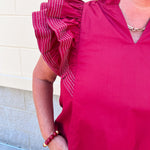 Sweet Stitch Ruffle Sleeve Woven Top in Garnet - The Pink Pineapple 850
