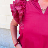 Sweet Stitch Ruffle Sleeve Woven Top in Garnet - The Pink Pineapple 850