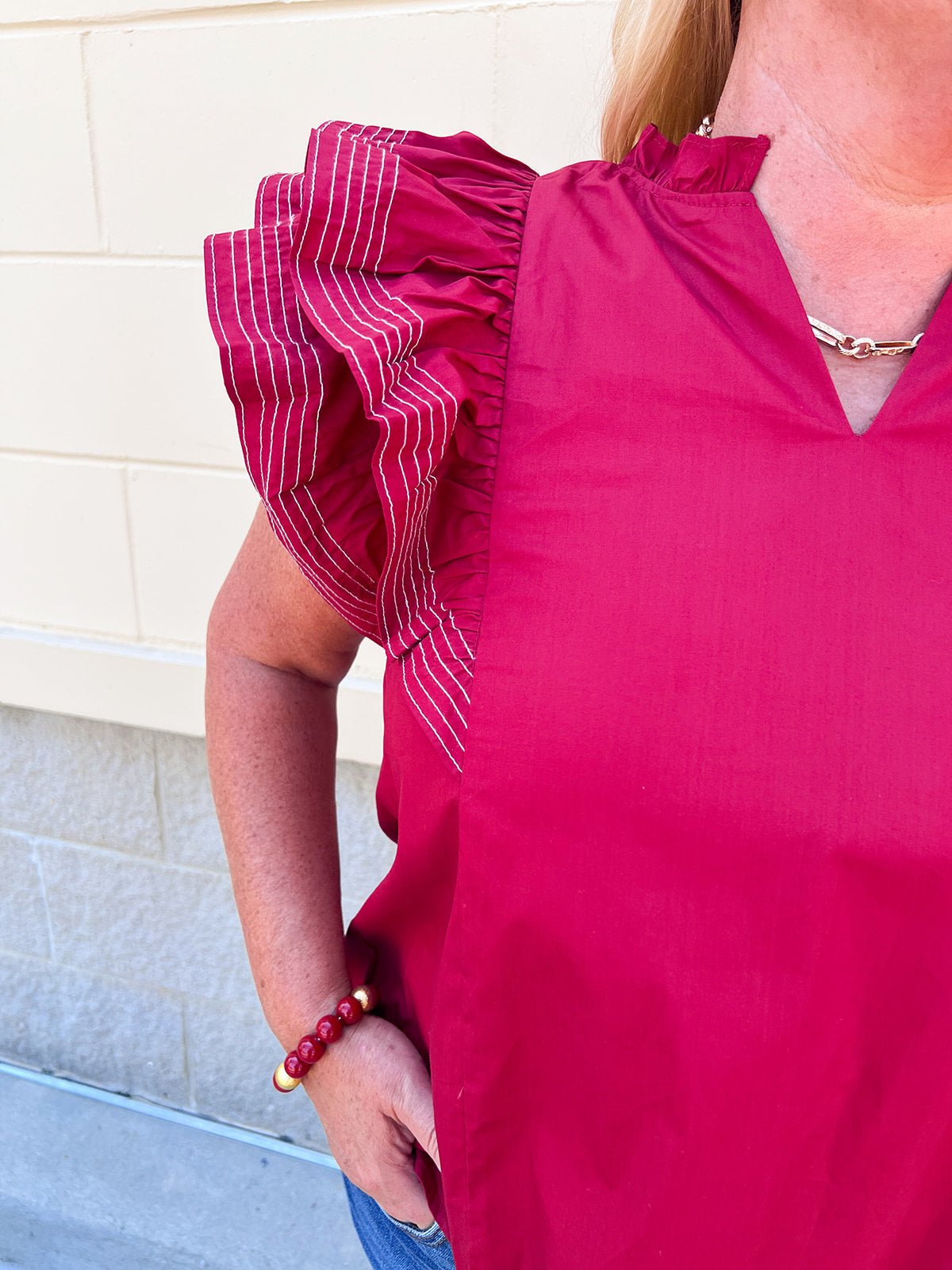 Sweet Stitch Ruffle Sleeve Woven Top in Garnet - The Pink Pineapple 850