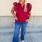 Sweet Stitch Ruffle Sleeve Woven Top in Garnet - The Pink Pineapple 850