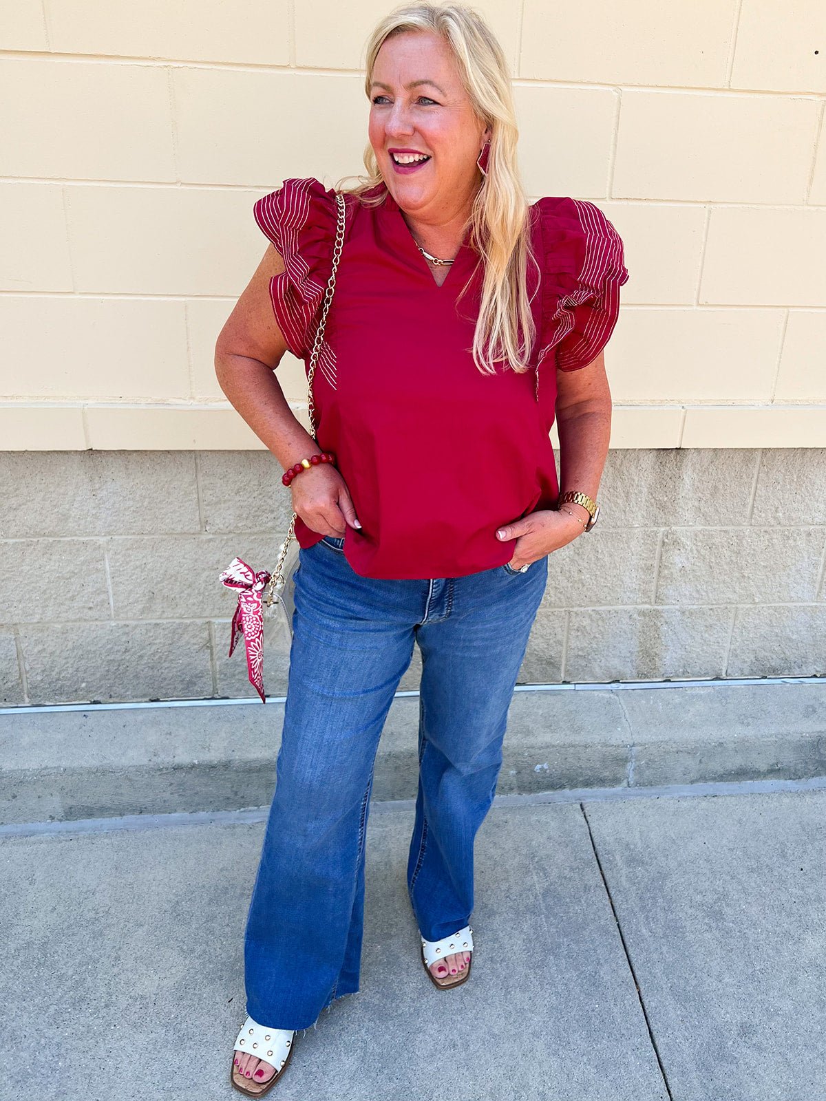 Sweet Stitch Ruffle Sleeve Woven Top in Garnet - The Pink Pineapple 850