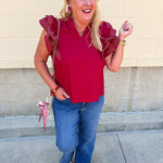Sweet Stitch Ruffle Sleeve Woven Top in Garnet - The Pink Pineapple 850