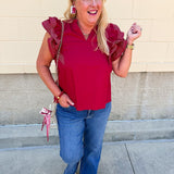 Sweet Stitch Ruffle Sleeve Woven Top in Garnet - The Pink Pineapple 850