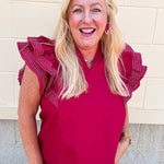 Sweet Stitch Ruffle Sleeve Woven Top in Garnet - The Pink Pineapple 850