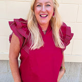 Sweet Stitch Ruffle Sleeve Woven Top in Garnet - The Pink Pineapple 850
