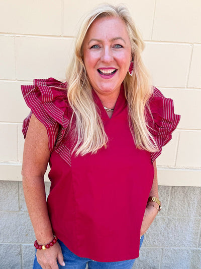 Sweet Stitch Ruffle Sleeve Woven Top in Garnet - The Pink Pineapple 850