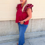 Sweet Stitch Ruffle Sleeve Woven Top in Garnet - The Pink Pineapple 850