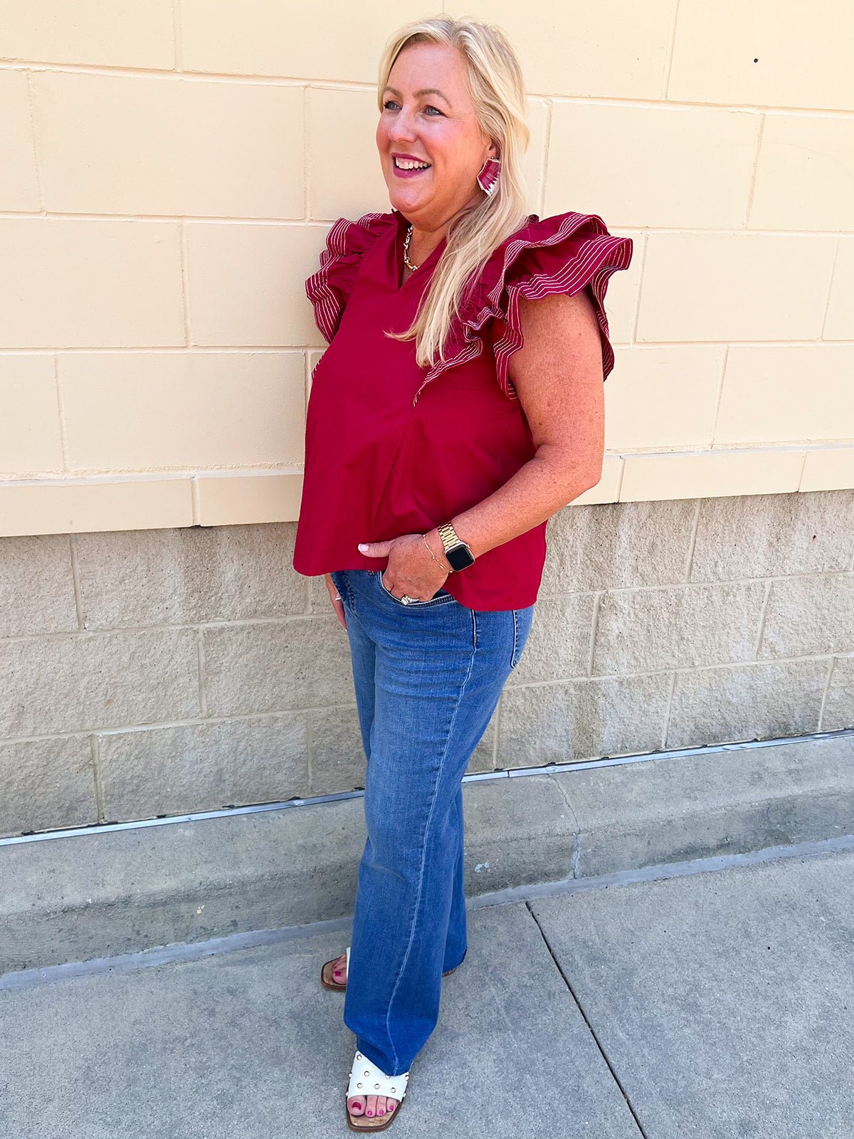 Sweet Stitch Ruffle Sleeve Woven Top in Garnet - The Pink Pineapple 850