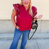 Sweet Stitch Ruffle Sleeve Woven Top in Garnet - The Pink Pineapple 850