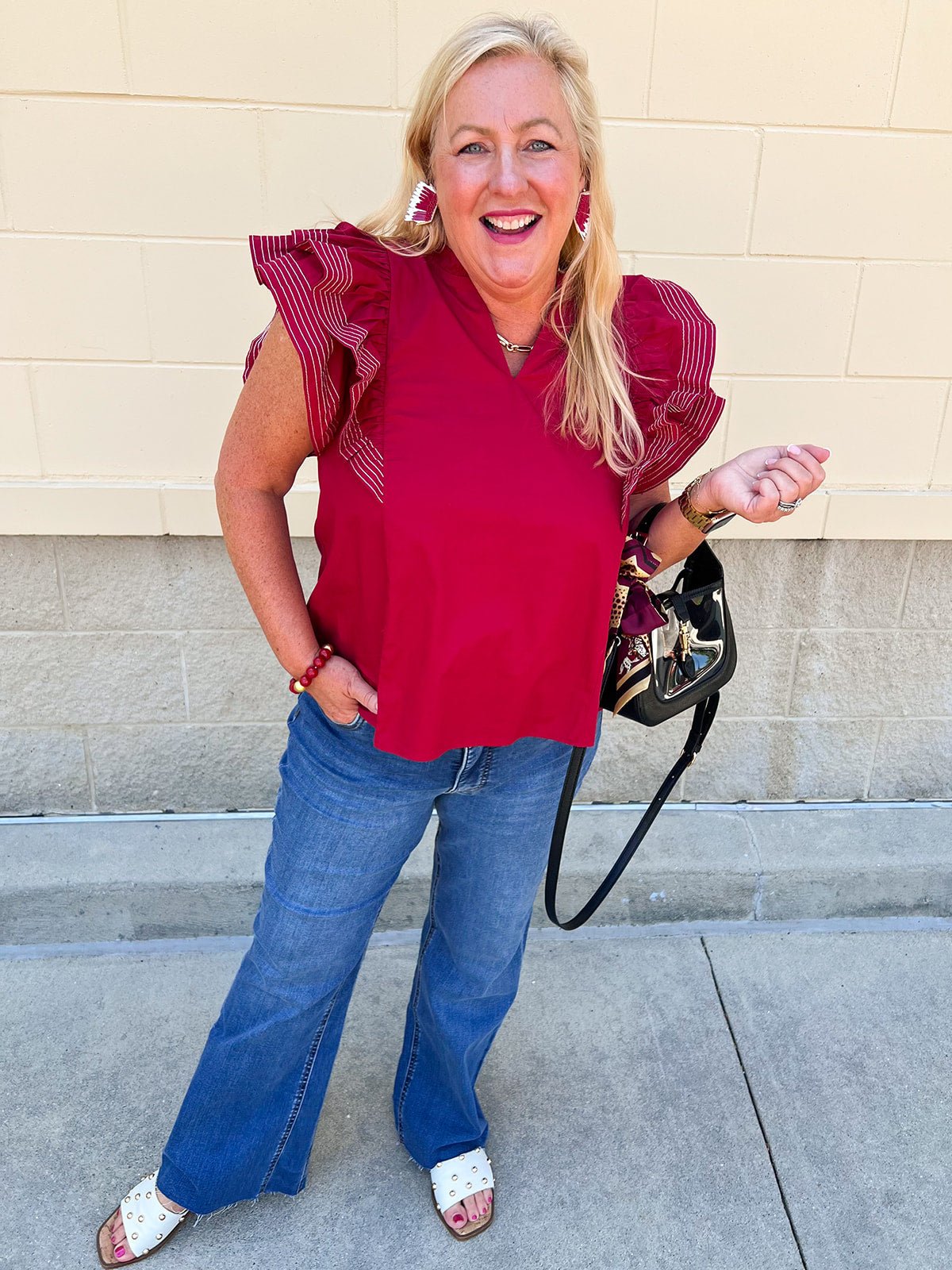 Sweet Stitch Ruffle Sleeve Woven Top in Garnet - The Pink Pineapple 850