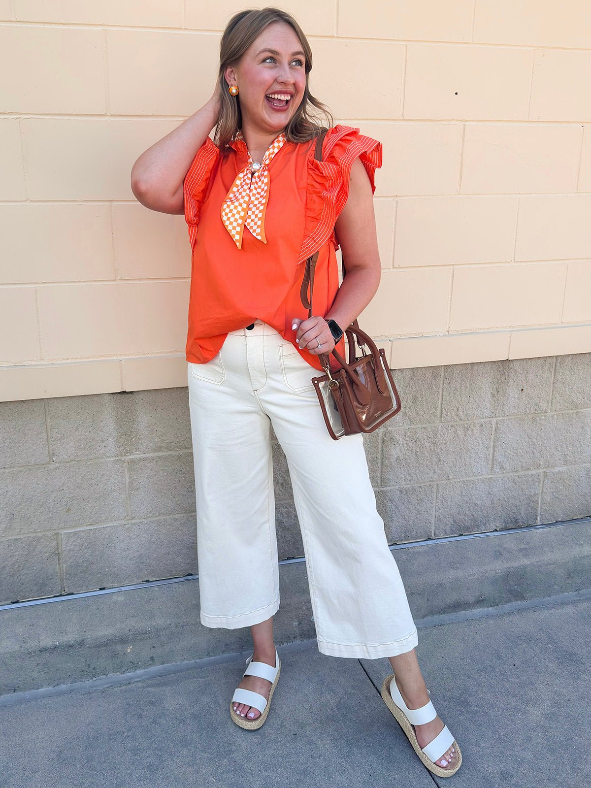 Sweet Stitch Ruffle Sleeve Woven Top in Orange - The Pink Pineapple 850