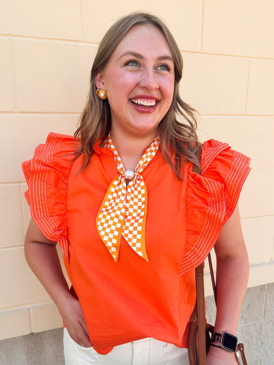 Sweet Stitch Ruffle Sleeve Woven Top in Orange - The Pink Pineapple 850