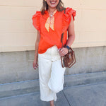 Sweet Stitch Ruffle Sleeve Woven Top in Orange - The Pink Pineapple 850