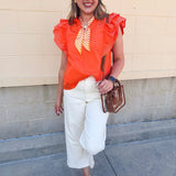 Sweet Stitch Ruffle Sleeve Woven Top in Orange - The Pink Pineapple 850
