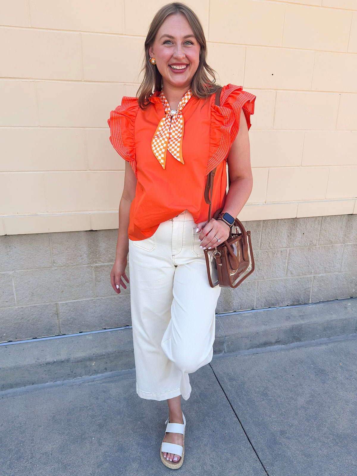 Sweet Stitch Ruffle Sleeve Woven Top in Orange - The Pink Pineapple 850