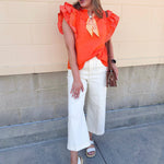 Sweet Stitch Ruffle Sleeve Woven Top in Orange - The Pink Pineapple 850