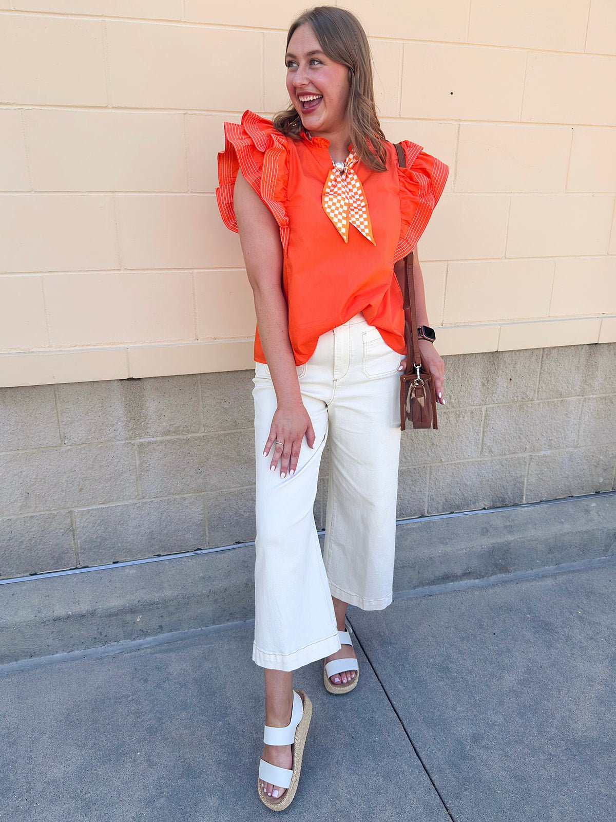 Sweet Stitch Ruffle Sleeve Woven Top in Orange - The Pink Pineapple 850