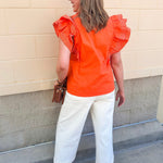Sweet Stitch Ruffle Sleeve Woven Top in Orange - The Pink Pineapple 850