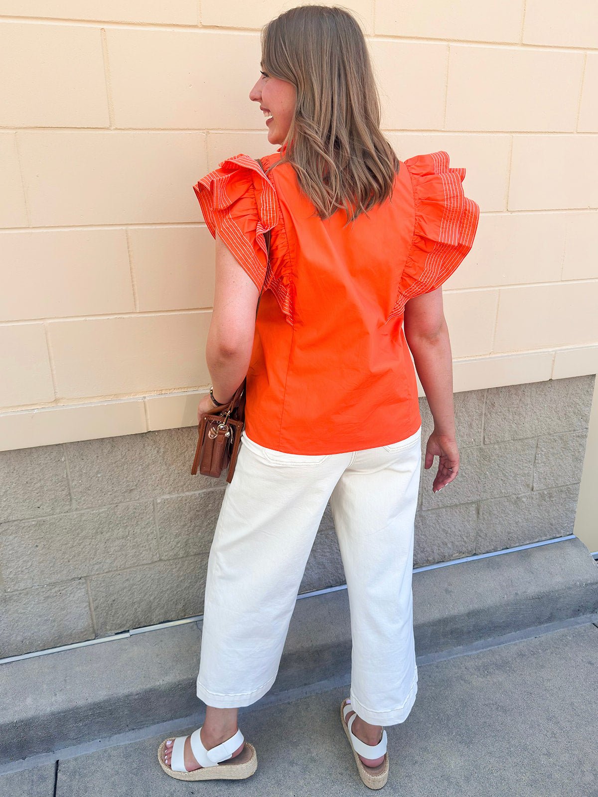 Sweet Stitch Ruffle Sleeve Woven Top in Orange - The Pink Pineapple 850