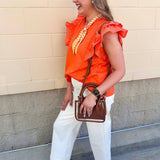 Sweet Stitch Ruffle Sleeve Woven Top in Orange - The Pink Pineapple 850