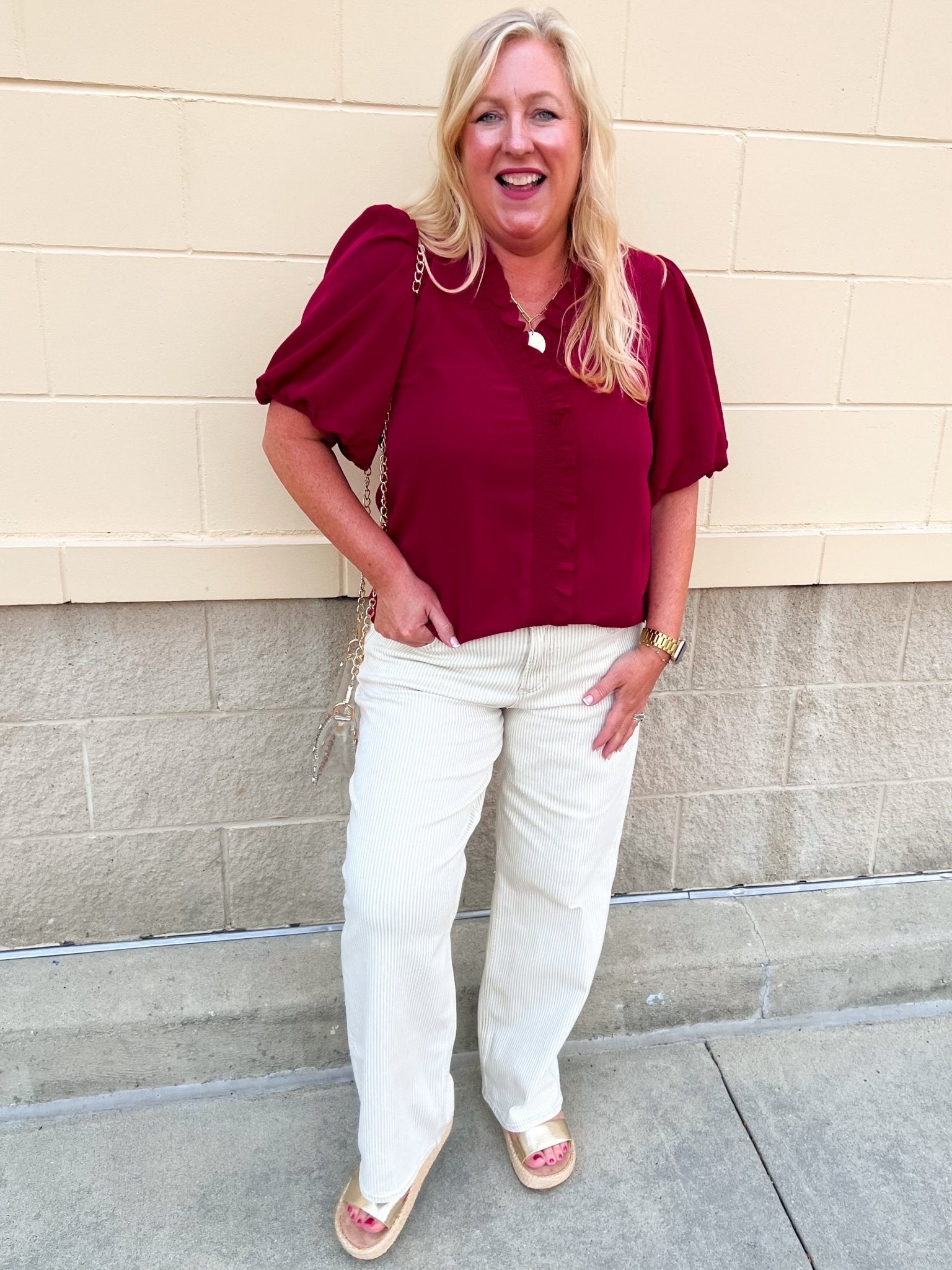Sweetheart Smocked Ruffle Top in Garnet - The Pink Pineapple 850